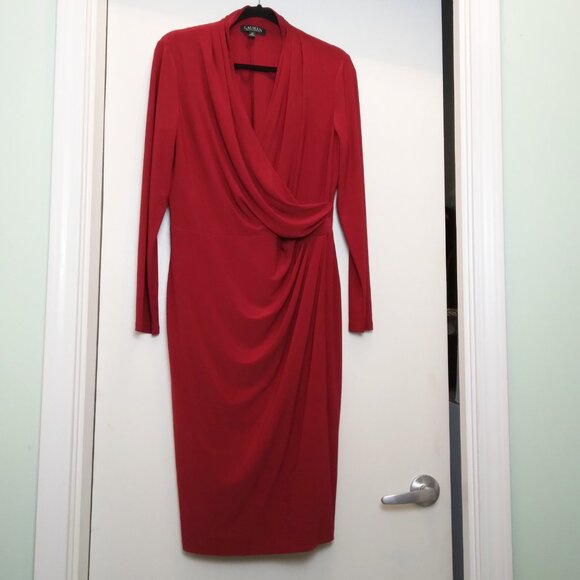 Ralph Lauren Red Surplice Neckline Draped Ruched Long Sleeved Stretch Dress Sz12 - Picture 14 of 14
